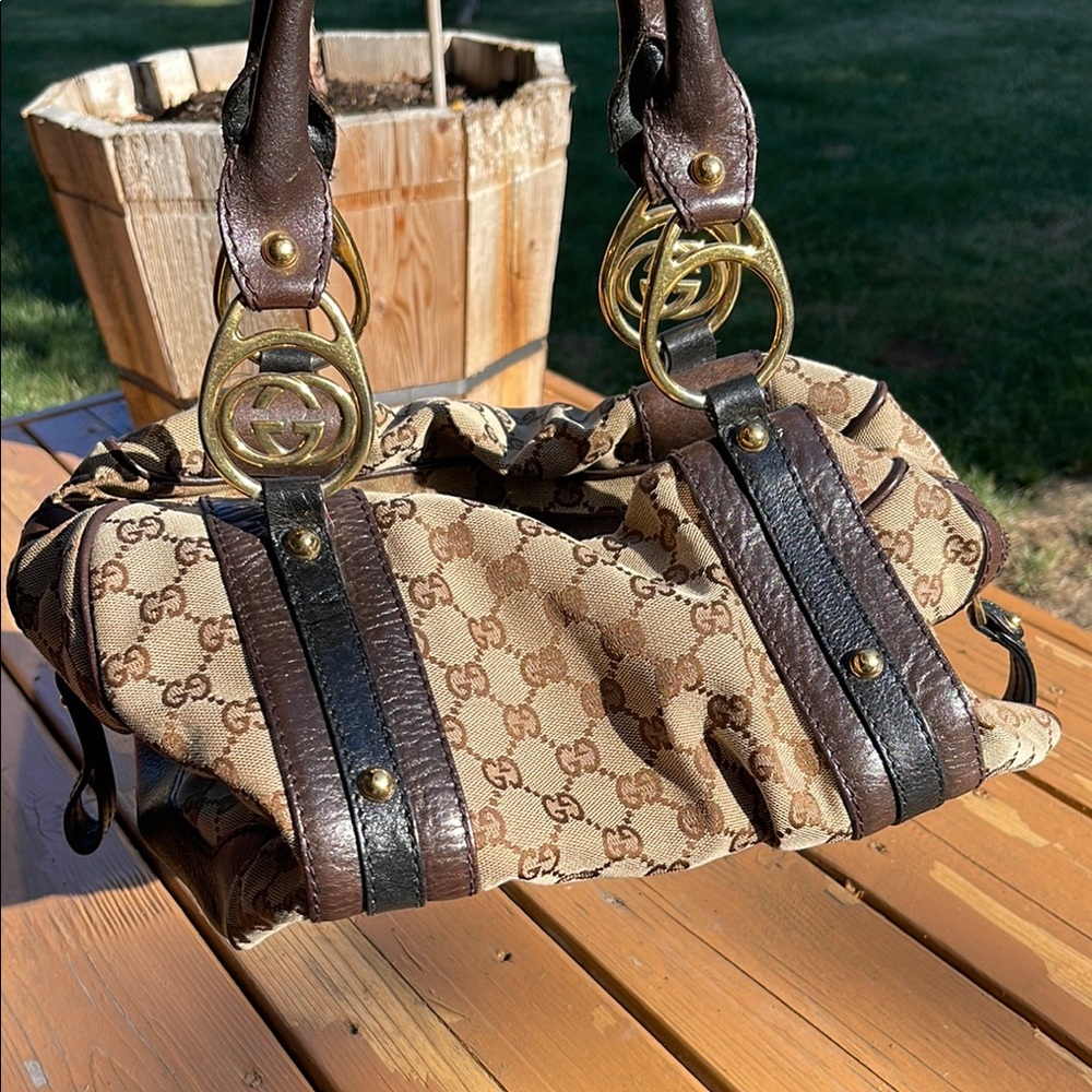 AUTHENTIC Gucci Brown and Gold Shoulder Bag with Monogram Canvas